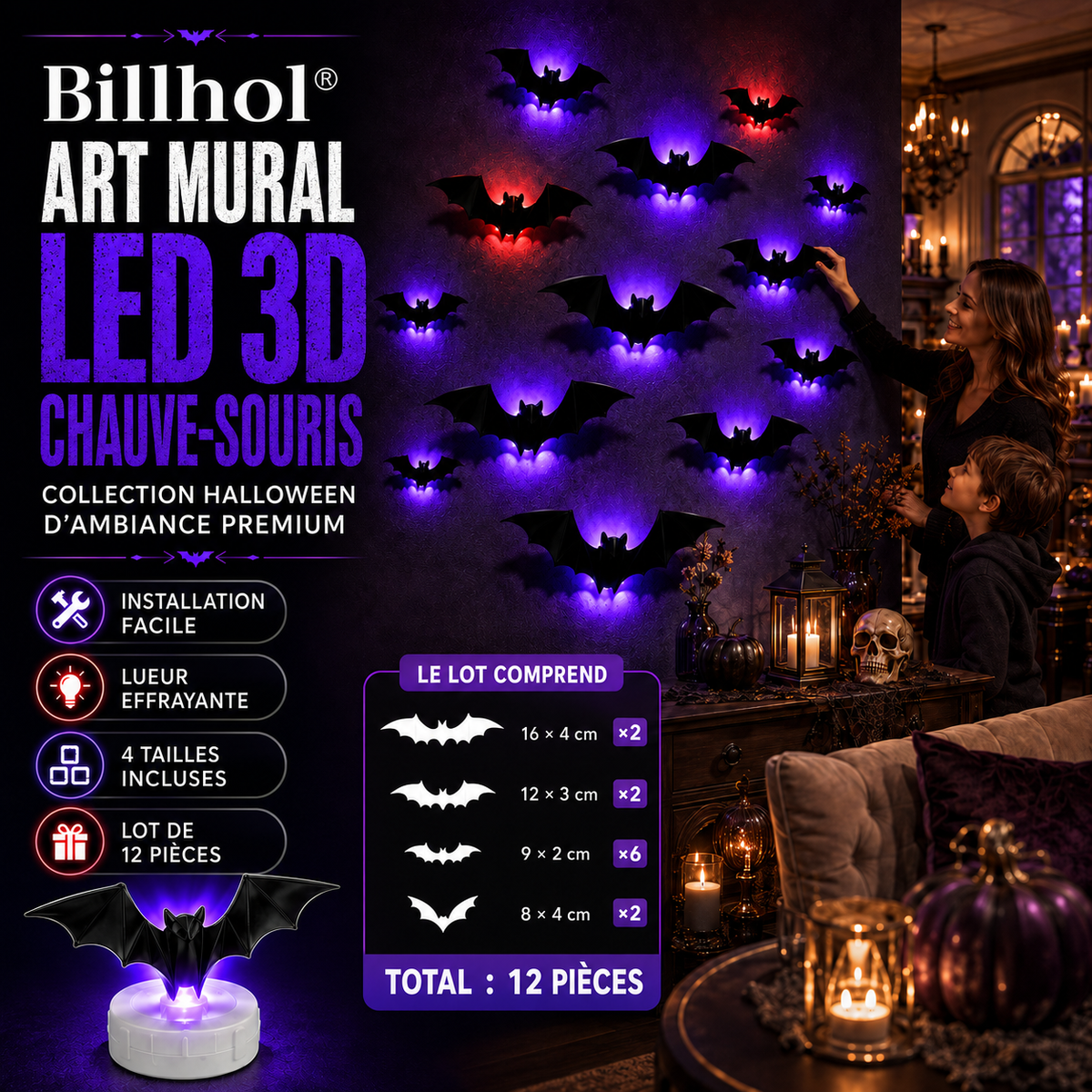 Billhol® Chauves-Souris Murales LED 3D – Édition Halloween